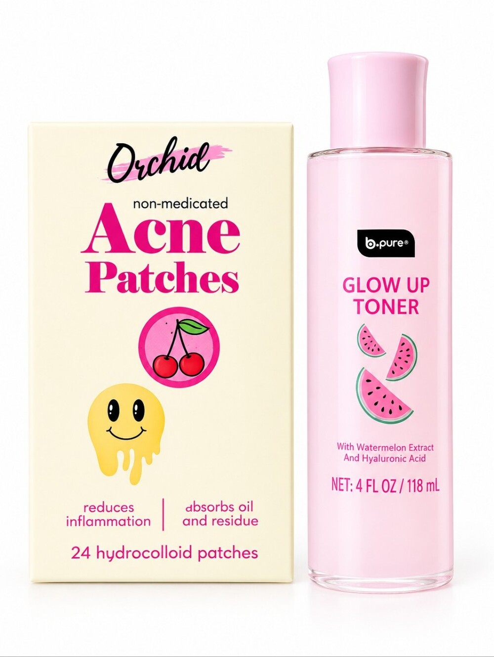 Skincare Set: b.pure Watermelon Glow Up Toner & Orchid Acne Patches NEW